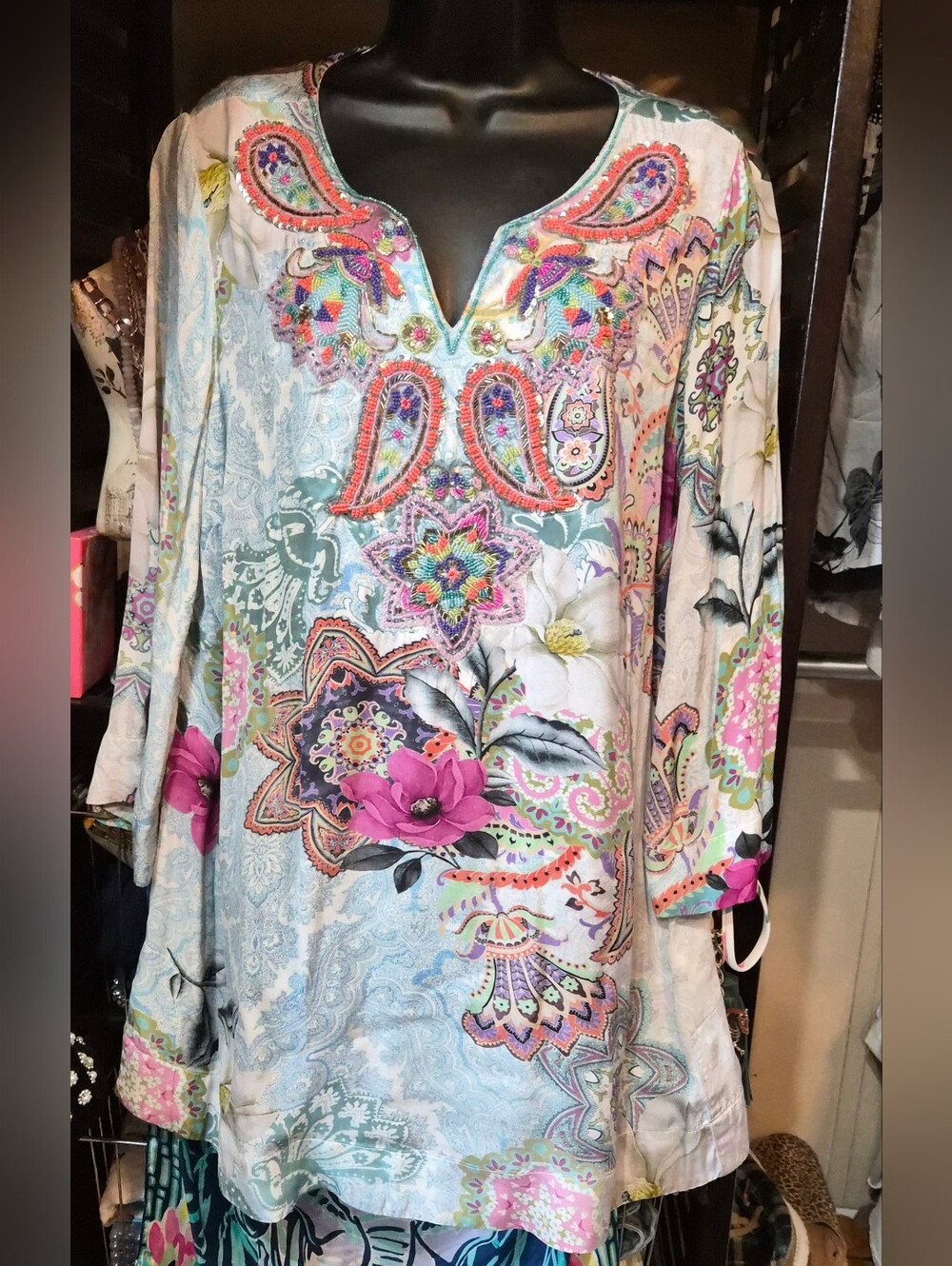 Soft Surroundings Florent Tunic in Aquatic Blue Beaded Accents - Large